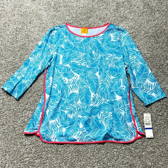 Ruby Rd. Tropical Leaf Print Tunic Womens XL White Blue 3/4 Sleeve - Picture 2 of 8